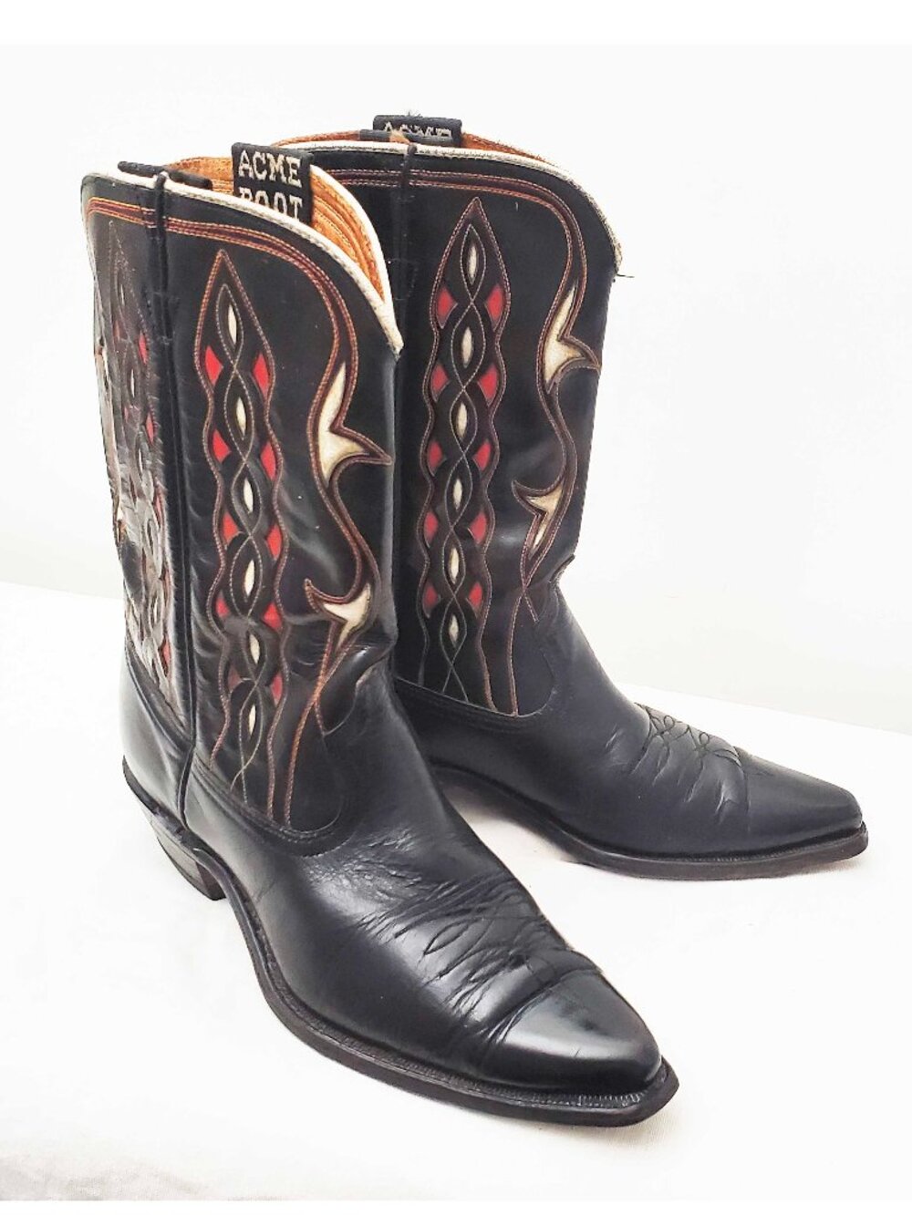 Vintage Acme Womens Black Cowboy Western Boots Red White Leather Inlays 7 C Wide